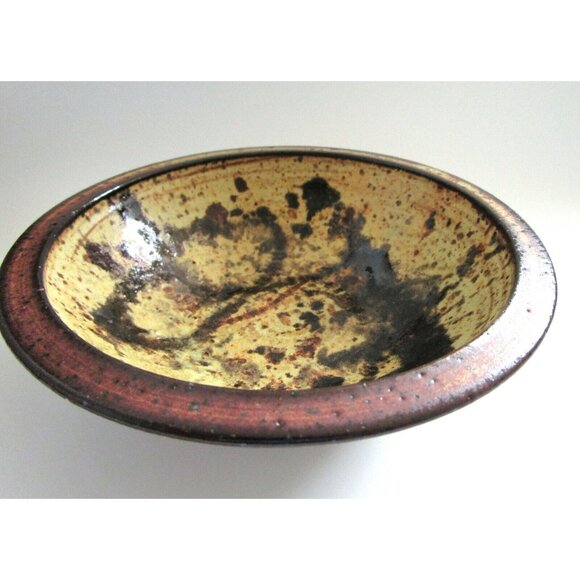 Vintage Signed MP Handmade Studio Art Pottery Bowl - Brown & Yellow Dish MCM - Picture 2 of 7